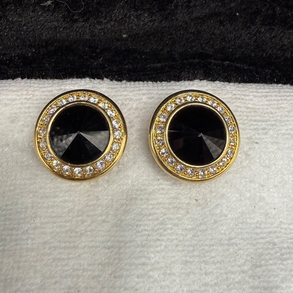 Vintage Swarovski Clip On Earrings Gold Tone Black Rivoli Crystal Signed
